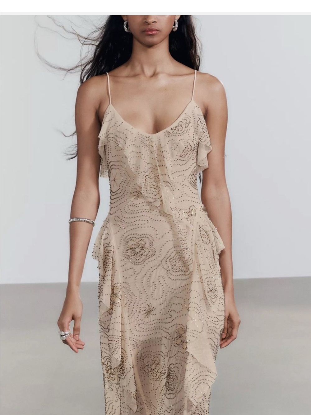 Zara Beaded Nude Ruffle Vacation Dress